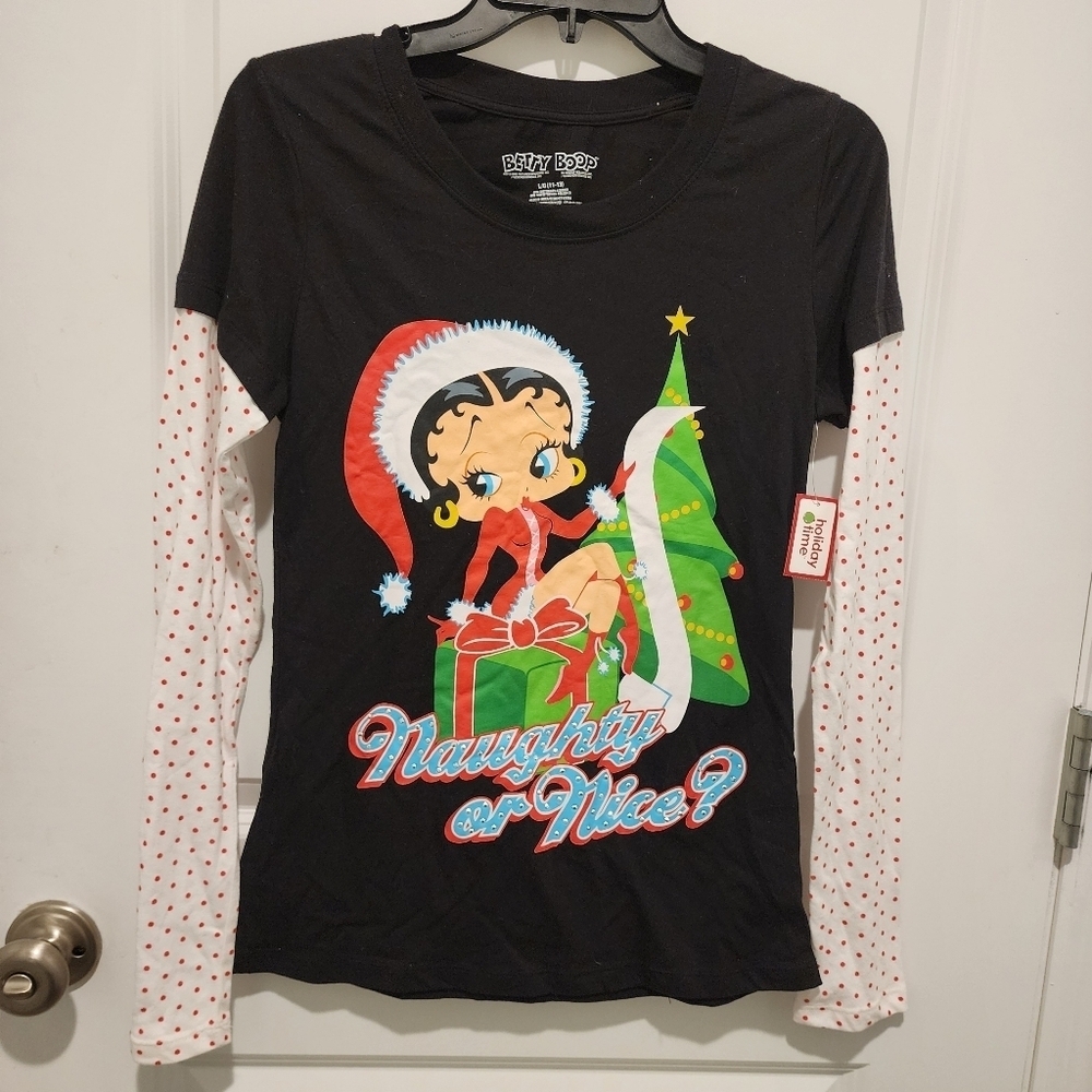 NWT Betty Boop Christmas Long Sleeve Tee T-shirt Naughty or Nice Junior's Large